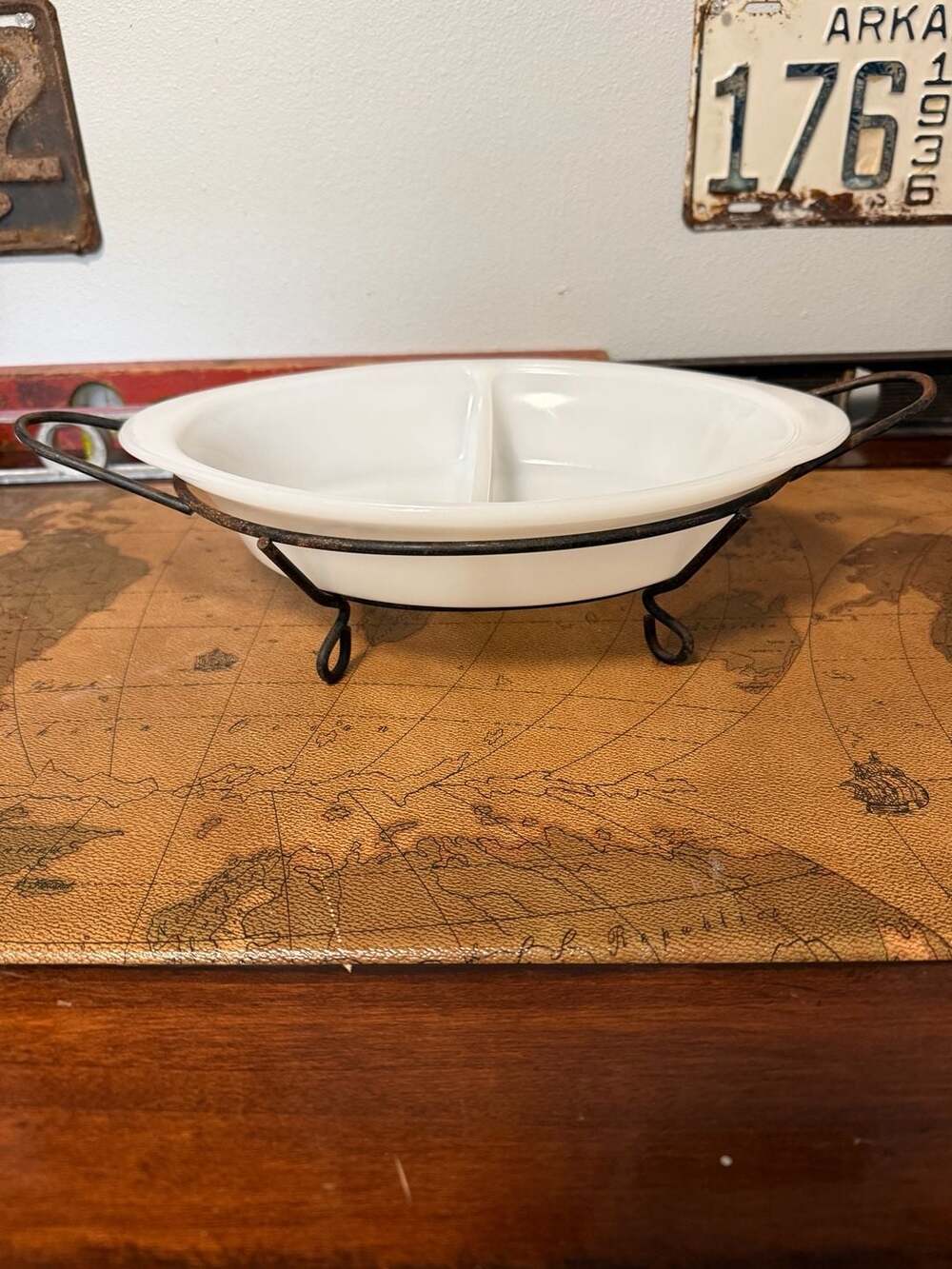 VTG Glasbake J-239 White Milk Glass Divided Casserole Dish with Metal Stand